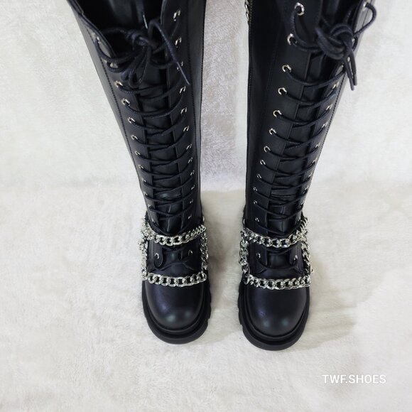Renegade Lace Up Draped Chain Combat Knee High Boots Goth Punk Rocker Biker Boot - Picture 7 of 10